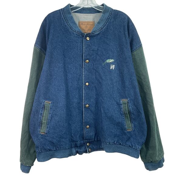 Three Rivers VTG Men's XL Blue/Green Cotton Denim Frog Embroidered Bomber Jacket - Picture 1 of 5